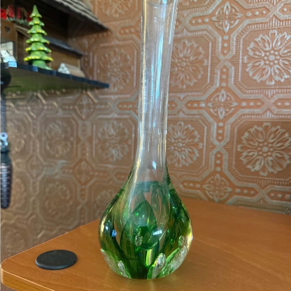 Blown glass Green Bulb Vase with Clear Neck